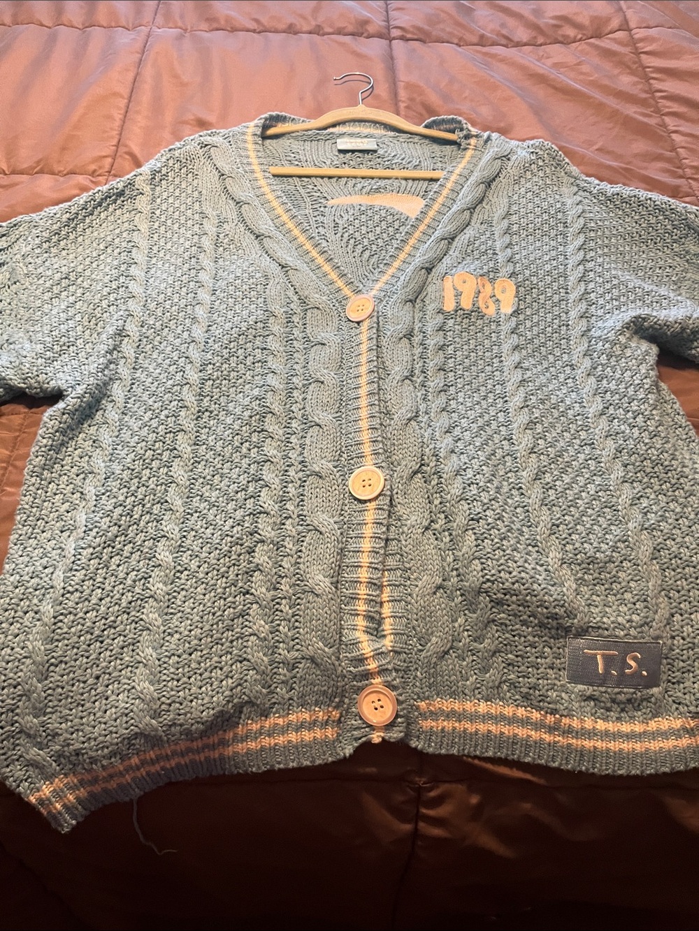 Taylor Swift Light Blue Cable Knit Cardigan with Cream Trim